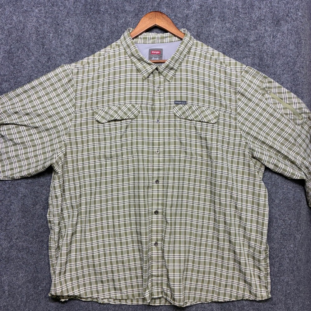 Wrangler Outdoor Shirt 4XL Green Plaid Button Down Roll Tab Sleeve Fishing Vent
